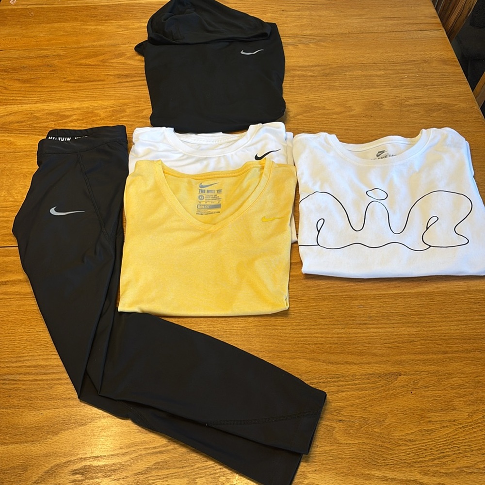 Nike Women’s 5 Piece Activewear Black Hoodie & Leggings with White / Yellow Tops - Picture 3 of 13